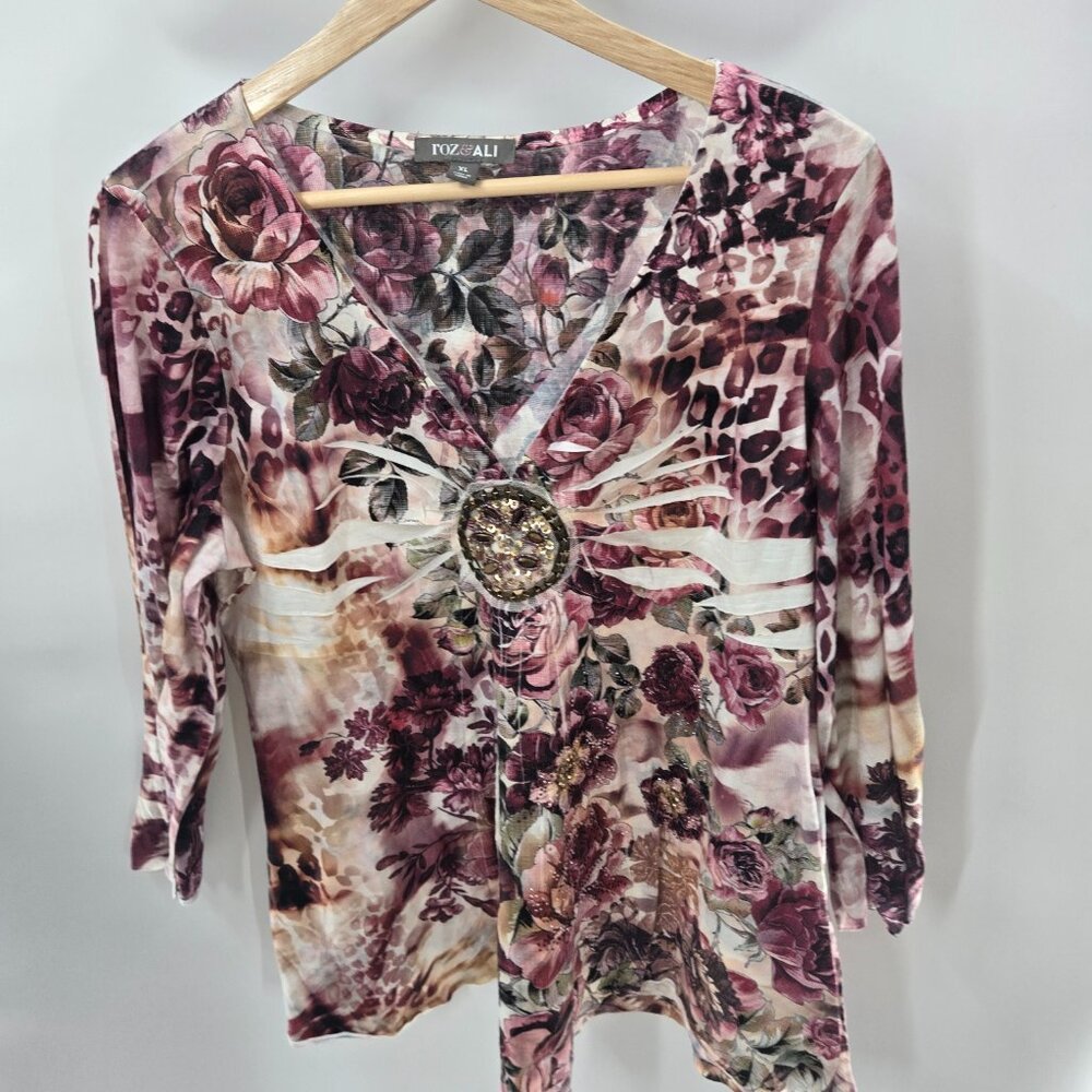 Roz and Ali Multipattern Boho Embroidered Beaded 3/4 Sleeves Shirt Size XL